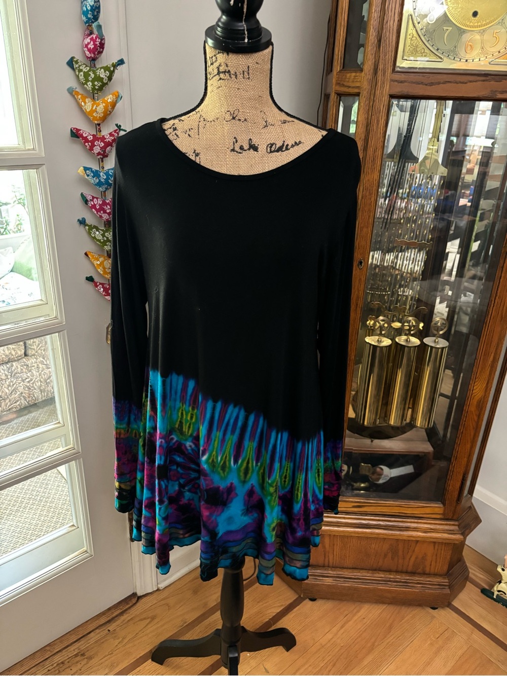 Women's Black Long-Sleeve Tunic with Multicolor Tie-Dye Hem